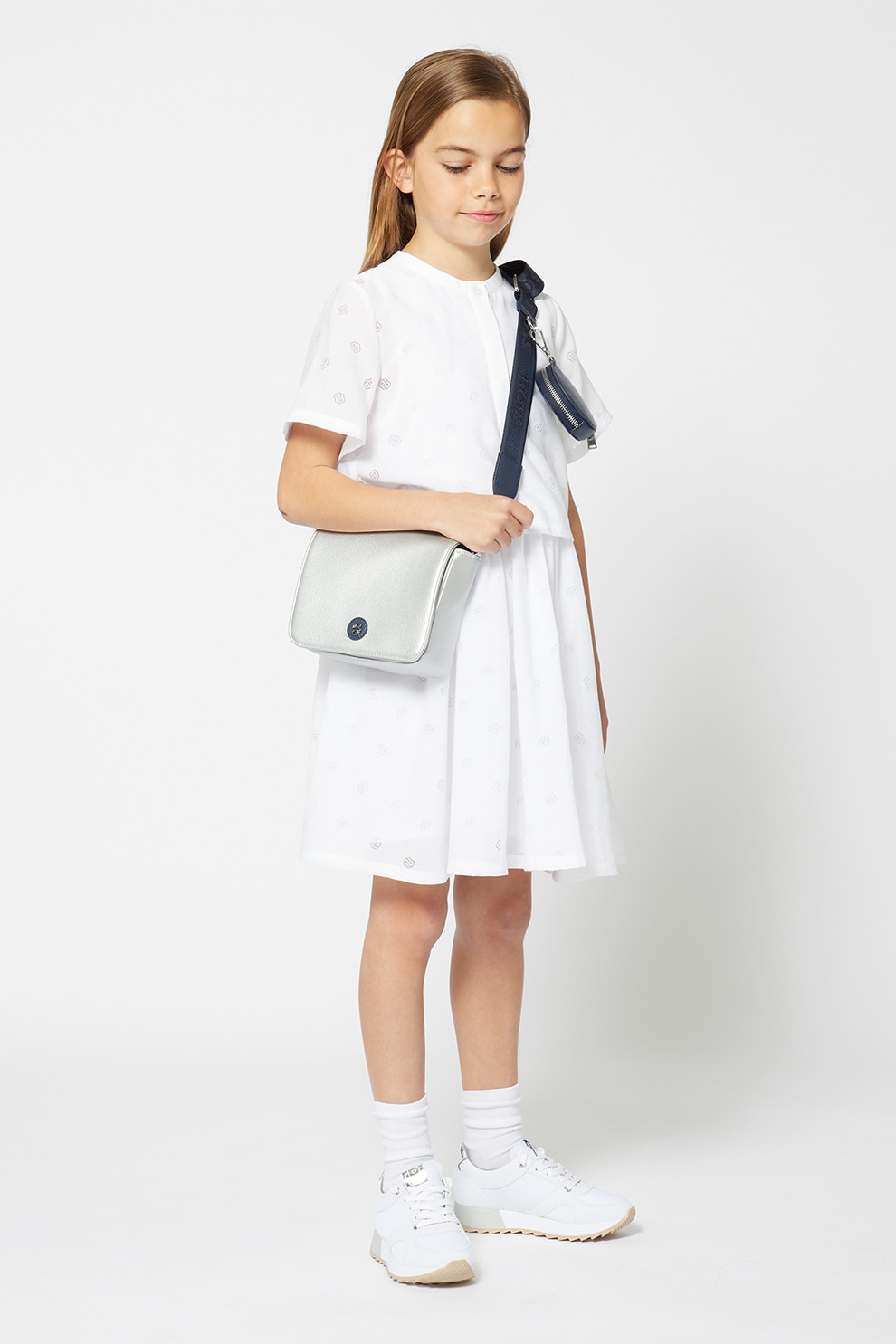 BOSS Kidswear, Rochie evazata cu model, Alb, 162 CM