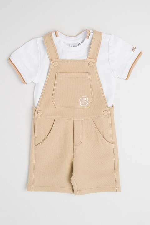 BOSS Kidswear, Set de salopeta si tricou din amestec de bumbac, Alb/Maro camel, 60 CM