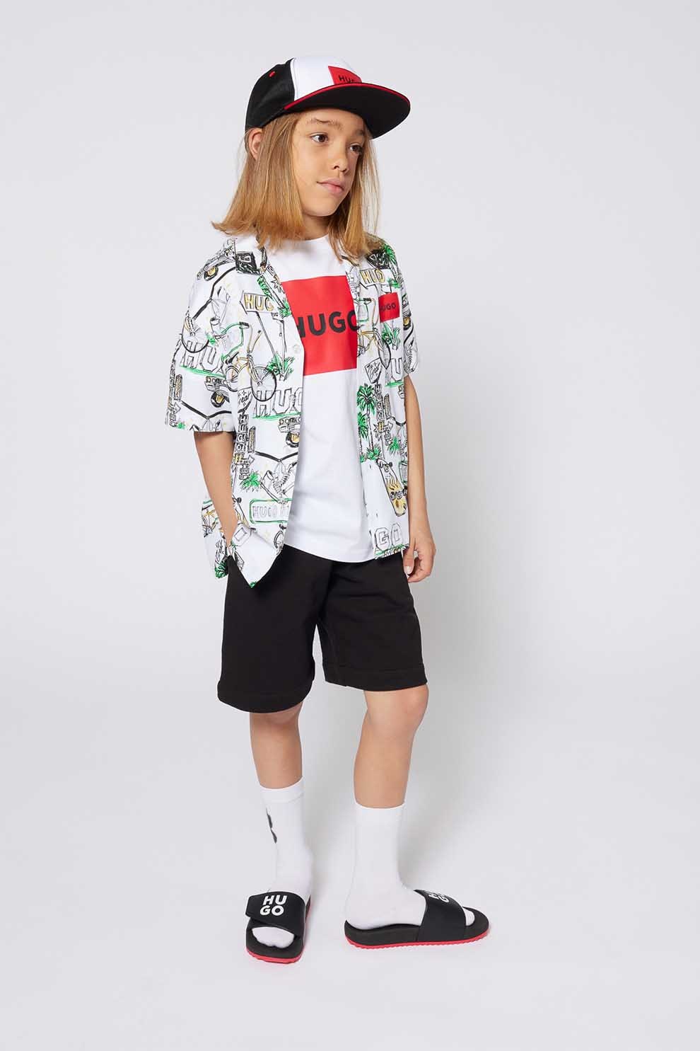 HUGO, Triocu din bumbac cu imprimeu logo, Alb, 162 CM