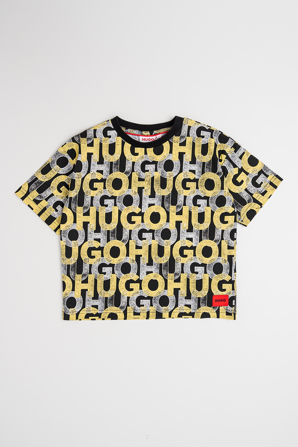 HUGO, Tricou cu imprimeu monograma, Negru, Galben pai, Alb murdar, 174 CM
