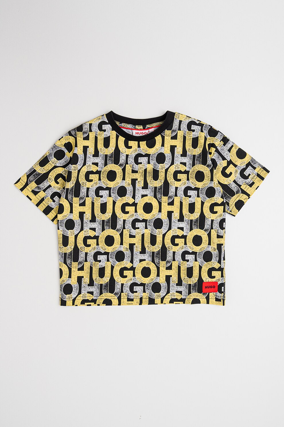 HUGO, Tricou cu imprimeu monograma, Negru, Galben pai, Alb murdar, 138 CM