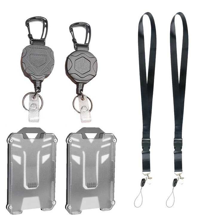 Set 2 Suport pentru Ecusoane, SINBINTA, Cu snur si clips pentru legitimatie, Retractabil, Cablu otel 60cm, Rezistent, Poate fi purtat cu tine, Usor de atasat si detasat, Pentru legitimatie, card acces ect, Aliaj de zinc/Metal, 15*4.5cm, Negru