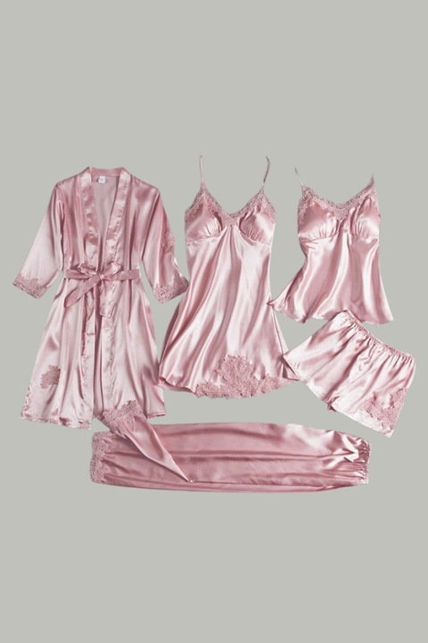 Set Pijamale din Satin si Broderie din Dantela, Elegant si Provocator, Sexy, 5 piese, Dama, Roz, Marime M