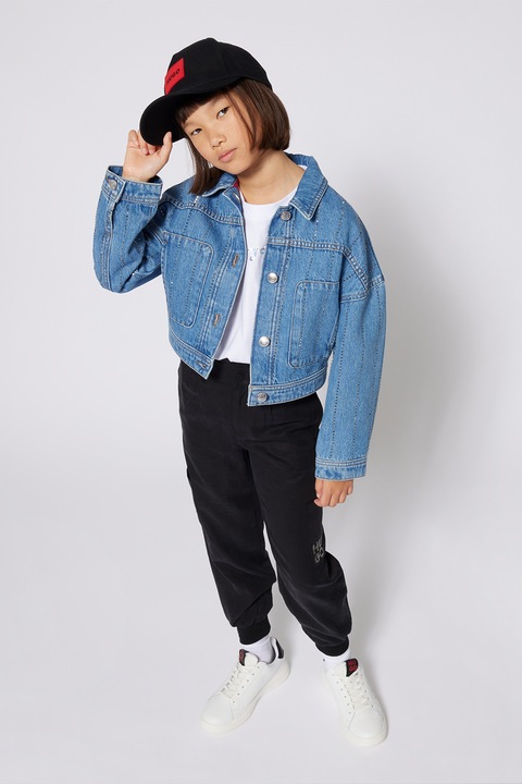 HUGO, Pantaloni cargo din lyocell si in cu logo din strasuri, Negru