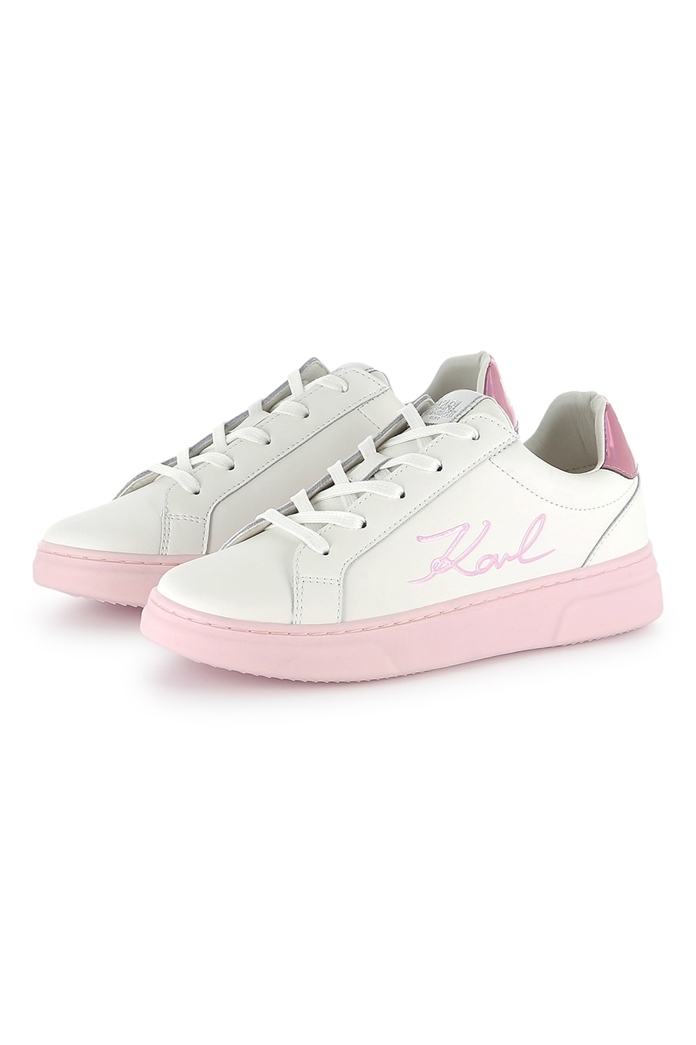 KARL LAGERFELD KIDS, Pantofi sport din piele cu logo, Alb fildes, Roz pastel, 39 EU