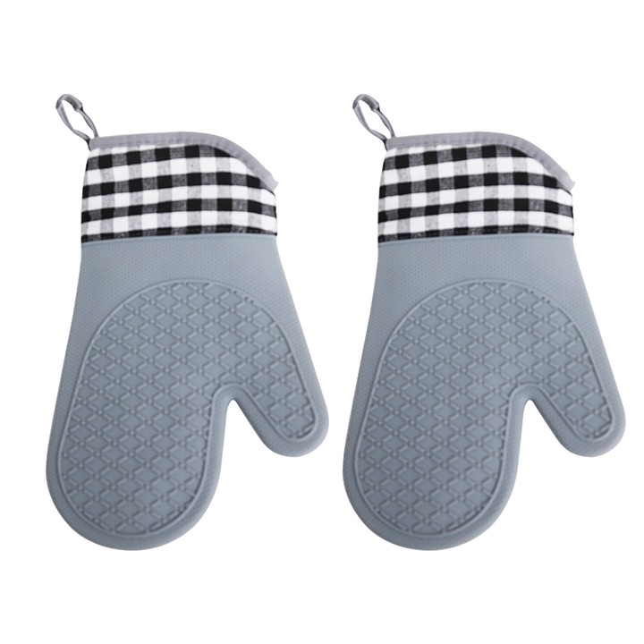 Sütőkesztyű, szilikon, hőálló, vízálló, csúszásmentes, pamuttal bélelt, szürke