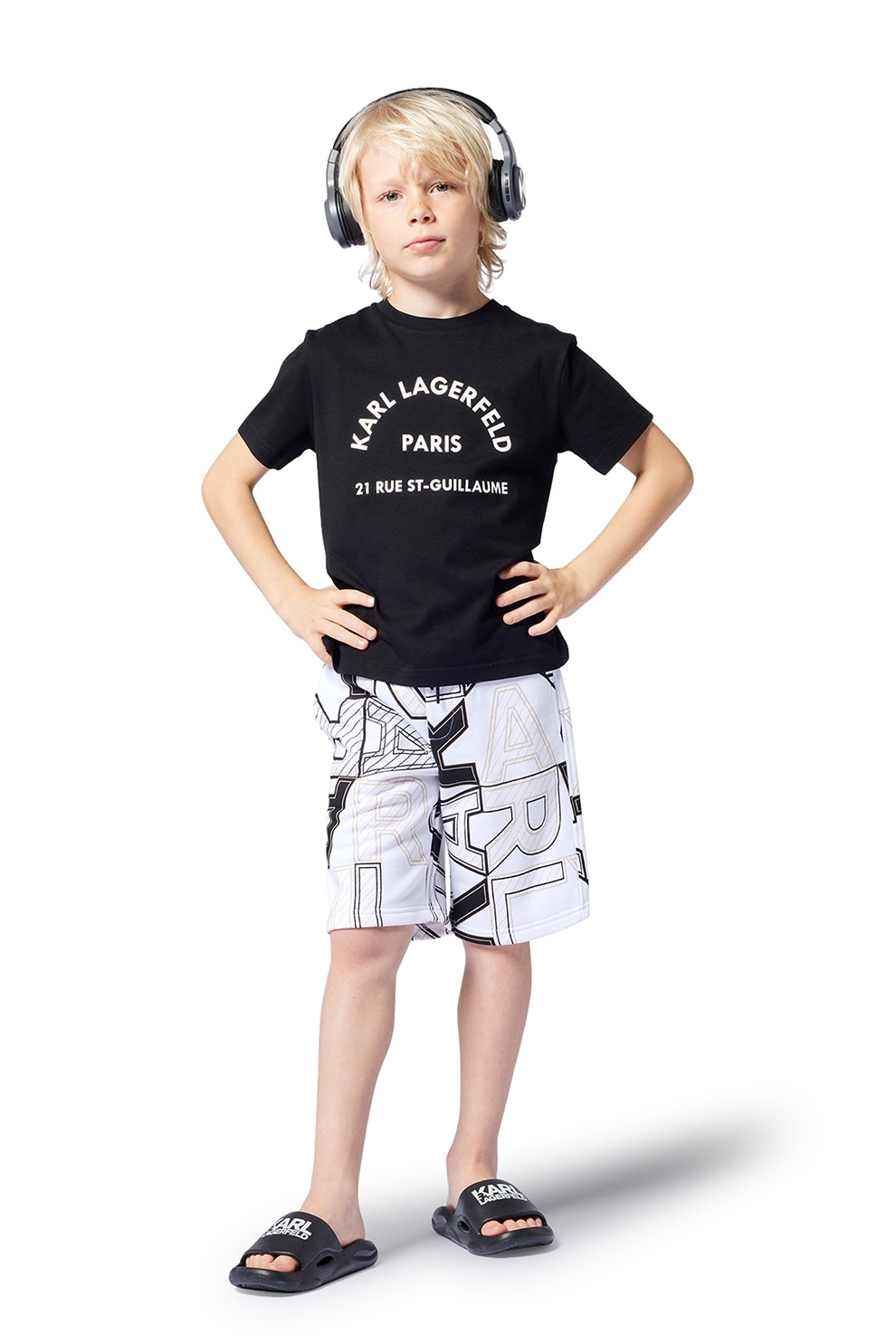 KARL LAGERFELD KIDS, Tricou din bumbac cu imprimeu logo, Negru, Alb murdar, 138 CM