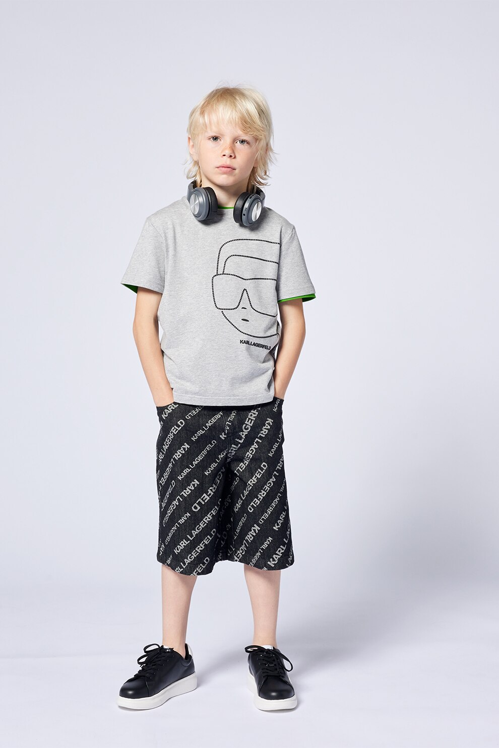 KARL LAGERFELD KIDS, Tricou cu imprimeu logo si decolteu la baza gatului, Negru, Gri melange, 174 CM