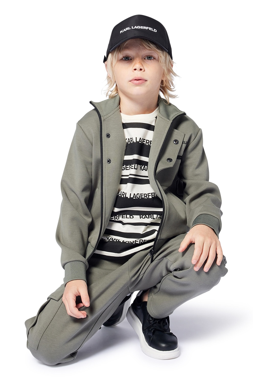 KARL LAGERFELD KIDS, Tricou cu decolteu la baza gatului si model, Alb fildes, Negru, 174 CM