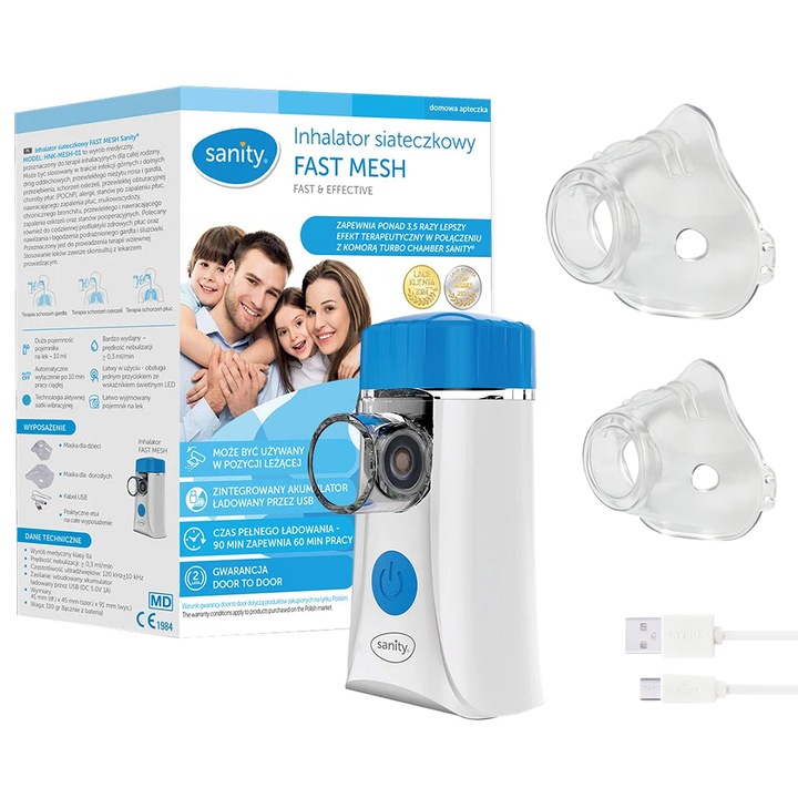 Апарат за аерозоли Sanity Fast Mesh, За деца и възрастни, Портативен, Капацитет чаша 10 мл, Кабел USB, Маска деца и възрастни, Тих, Бял