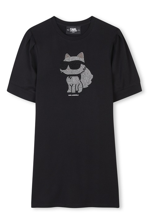 KARL LAGERFELD KIDS, Рокля-тениска с овално деколте и декоративни камъни, Черен