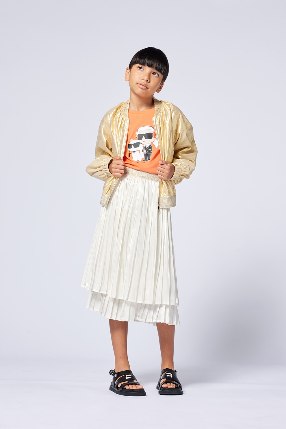 KARL LAGERFELD KIDS, Tricou din amestec de modal cu imprimeu si decolteu la baza gatului, Alb, Negru, Portocaliu, 114 CM