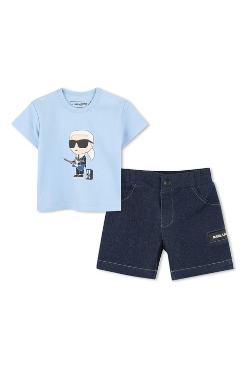 KARL LAGERFELD KIDS, Set de tricou cu imprimeu si pantaloni scurti din denim - 2 Piese, Albastru ultramarin/Albastru deschis, 60 CM