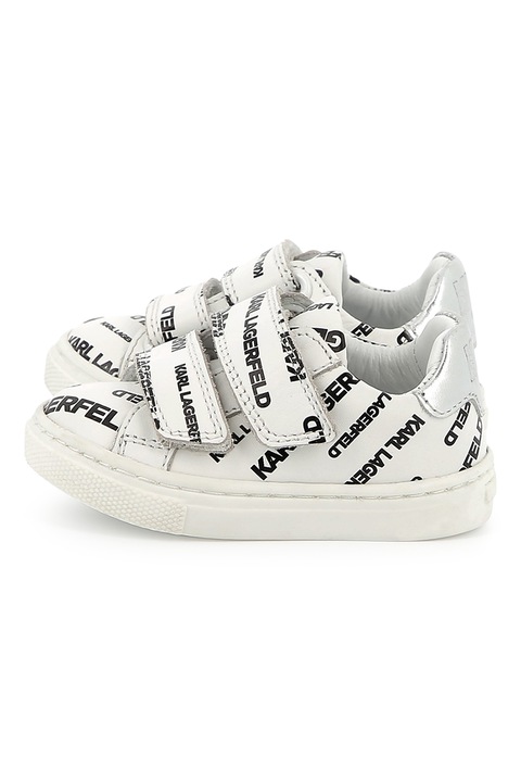 KARL LAGERFELD KIDS, Pantofi sport din piele cu logo, Negru/Alb murdar/Argintiu