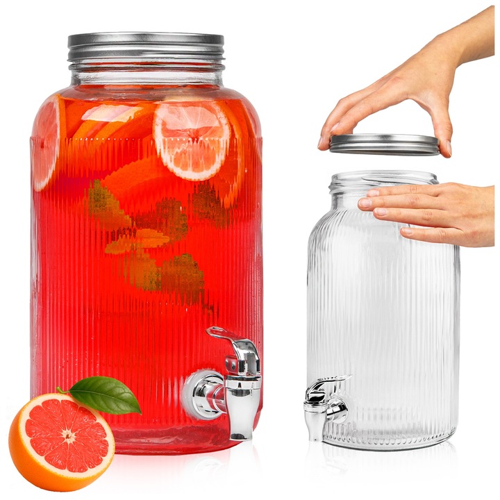 Borcan Din Sticla, Superbutelki, Capacitate 6 l, Sticla Striata, Capac Filetat Metalic Etans, Ideal Pentru Servirea Bauturilor, Limonadei, Pentru Picnic, Robinet Confortabil, 30 x 17.5 x 11.5 cm, Multicolor