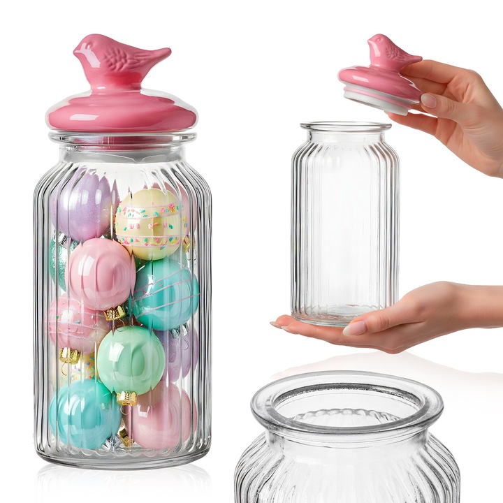 Borcan Din Sticla, 1.45L, Pentru Alimente, Decorativ, Canelat, Cu Capac Ceramic Bird, Transparent