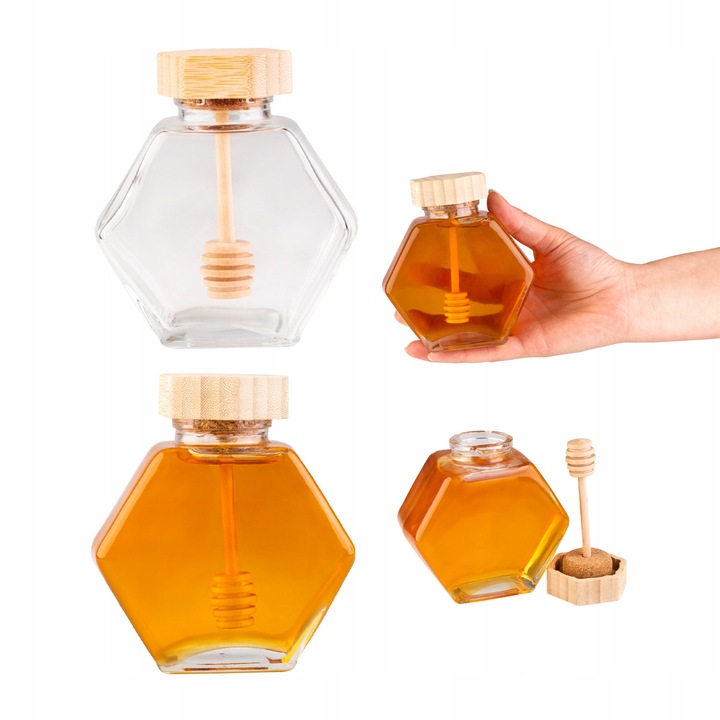 Mézesüveg, 220 ml, hatszögletű, méhsejt, plusz pohár esküvőre, ajándék, átlátszó