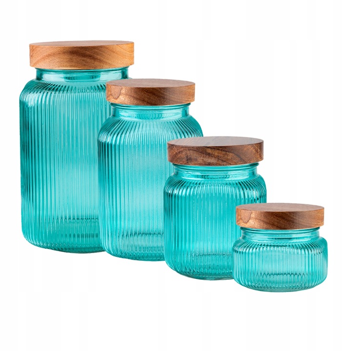Set De 4 Borcane, Containere Din Sticla, SuperButelki, Cu Caneluri, Pentru Depozitare, Organizare, Transparent/Albastru aquamarin