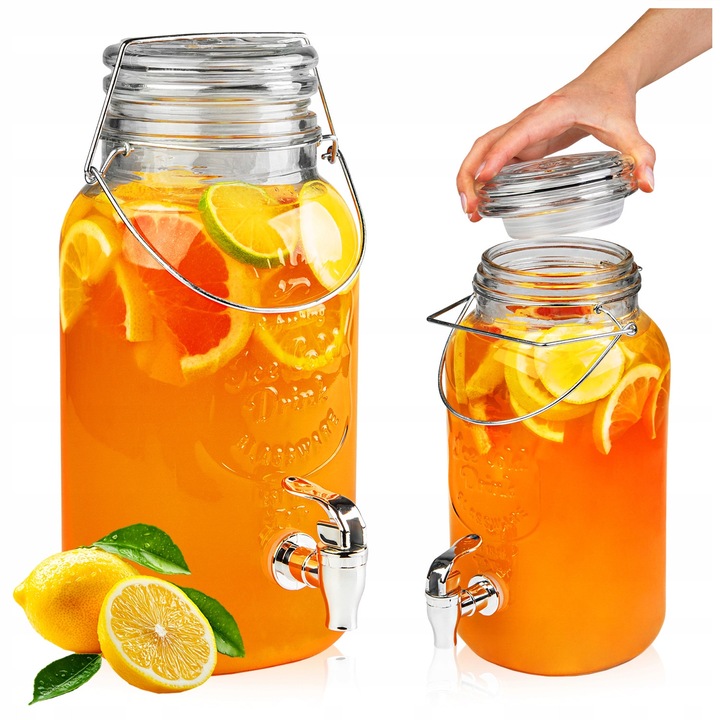 Borcan Din Sticla Cu Robinet, Superbutelki, Capacitate 4 l, Robinet Din Plastic, Ideal Pentru Servirea Bauturilor, Limonadei, Pentru Picnic, Capac Din Sticla Cu Inchidere, Aspect Estetic, 16 x 32 cm, Multicolor