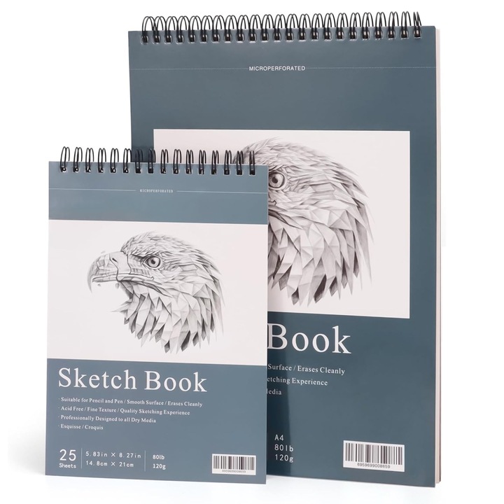 Set 2 Caiet Pentru Schite si Desen, SINBINTA, Hartie Alba, A4+A5, 50/25 coli, 475/145g, Ingrosata, Cu spira, Usor de rupt, coperta dura, Usor si portabil, Pentru studio, scoala sau acasa, Hartie, 21x29.8/14.8x21cm, Alb