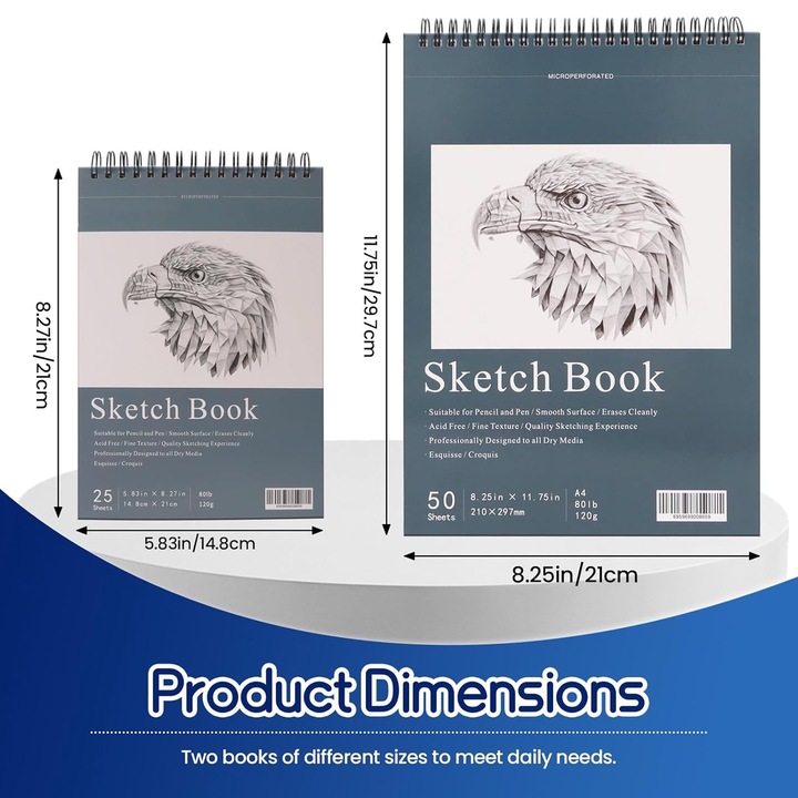 Set 2 Caiet Pentru Schite si Desen, SINBINTA, Hartie Alba, A4+A5, 50/25 coli, 475/145g, Ingrosata, Cu spira, Usor de rupt, coperta dura, Usor si portabil, Pentru studio, scoala sau acasa, Hartie, 21x29.8/14.8x21cm, Alb