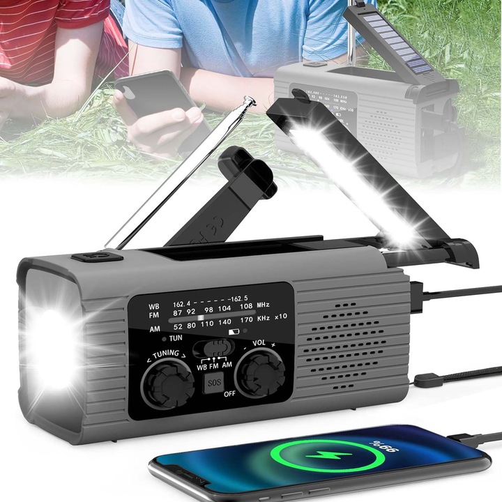 Radio de urgenta portabil cu alimentare solara, 4000mAh, AM/FM/NOAA, lanterna LED, alarma SOS, incarcator pentru telefon mobil