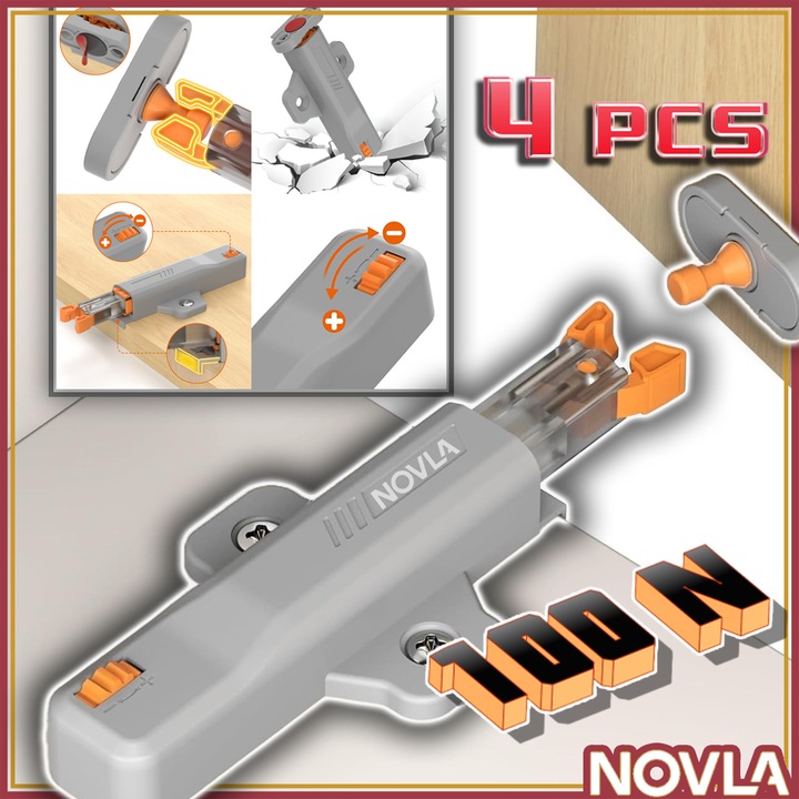 Set de 4 sistem de deschidere pentru usi/sertare cu zavor cu autoblocare, amortizat, rebound, feronerie de blocare cu impingere a dulapului pentru dulap dulap dulap dulap usa, 112x32, 5x19, 3 mm, gri