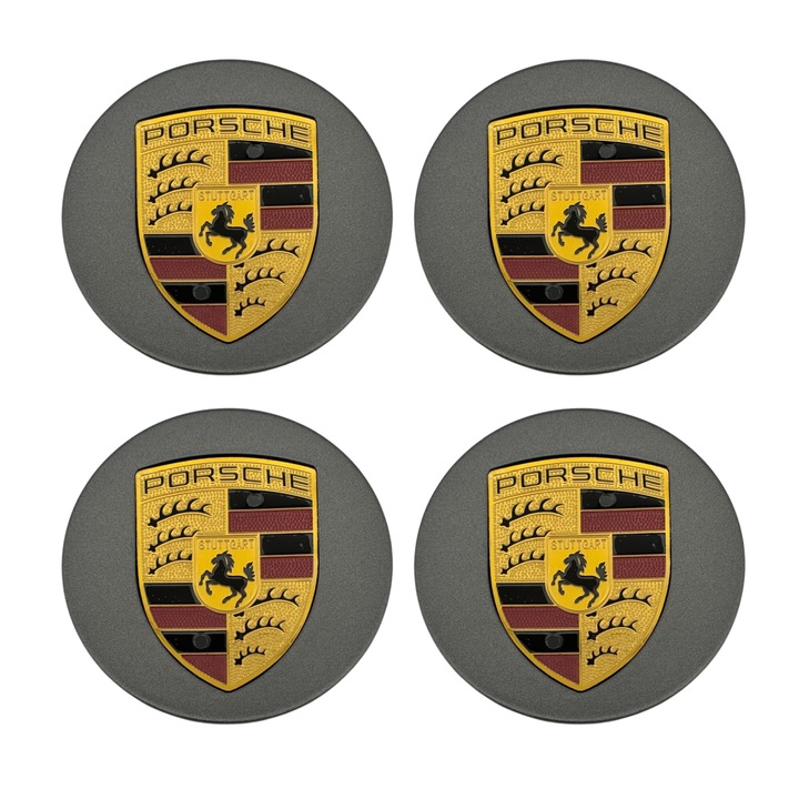 Set 4 Capace Jante Porsche, Gri cu Logo Auriu, Diametru 76mm