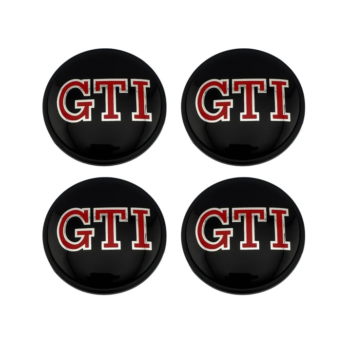 4 db Volkswagen GTI dísztárcsa kupak, fekete piros betűkkel és ezüst szegéllyel, átmérő 65 mm