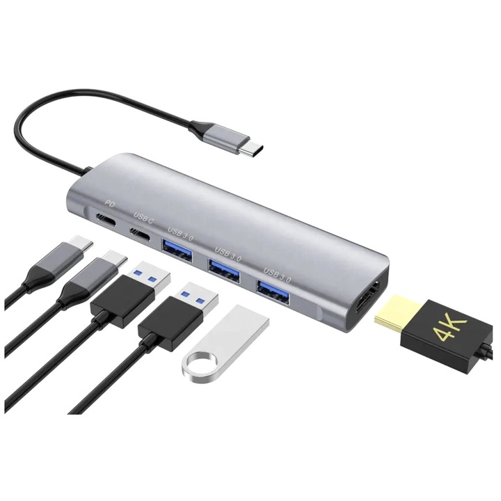 HUB USB-C 8 в 1, Tradebit, HDMI 4k 30Hz, USB 3.0 Gen 1, Power Delivery 100W, графит, 16см