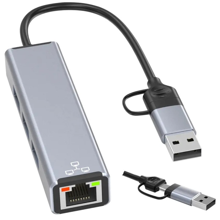 USB-C HUB, Tradebit, LAN RJ45 hálózati kártya, 100 Mbps, 2x USB 2.0, 1x USB 3.0, 16cm