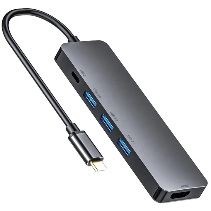 HUB USB-C, Tradebit, HDMI 4k, USB 3.0, Power Delivery 60W, grafit, 16cm