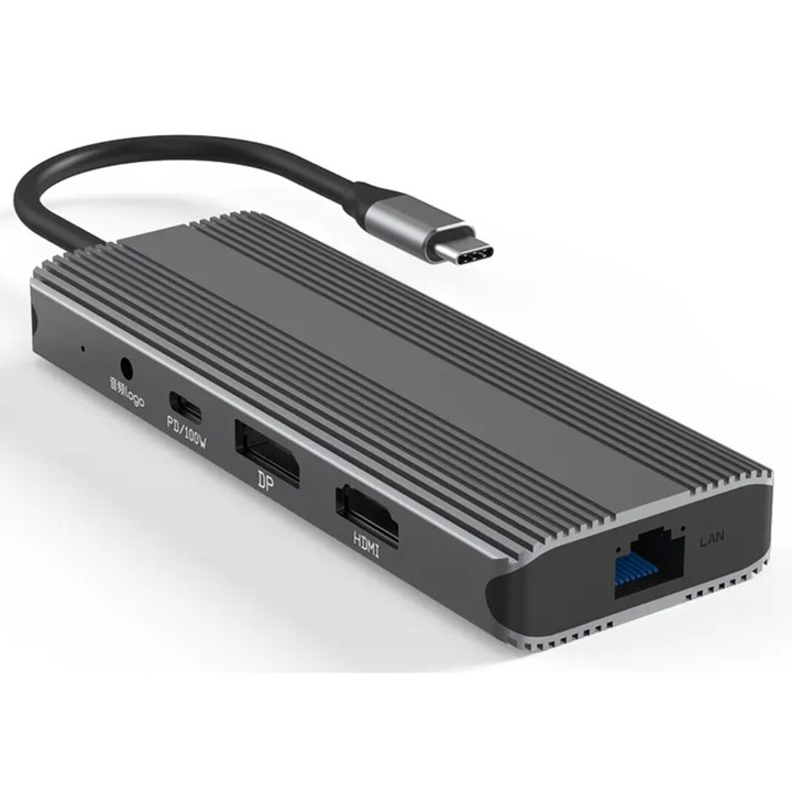 Tradebit USB HUB, HDMI 2.1, DisplayPort 8K 30Hz 4K 120Hz, 100W, 2x USB 3.0, RJ45, 15cm, сребрист