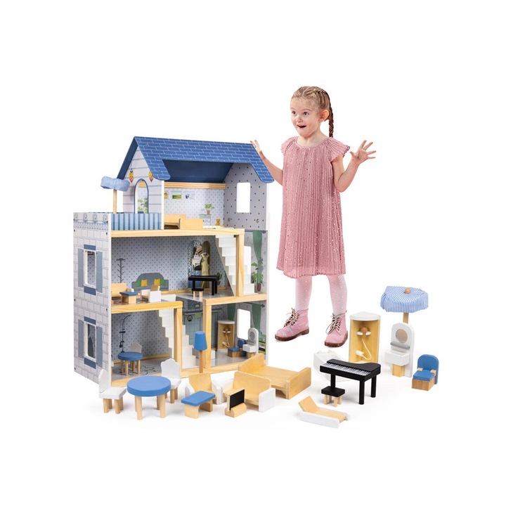 Mamido Roxana babaház bútorokkal és kiegészítőkkel XL 78 cm 15 db + LED világítás