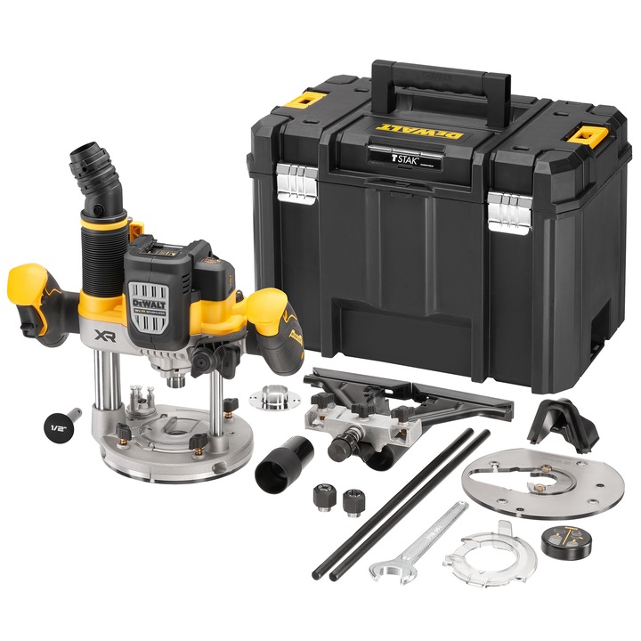 Акумулаторна оберфреза DeWALT DCW620NT, 18V XR, Безчетков мотор, 1/2 инча, Дълбочина на фрезоване 70 мм, 23000 об/мин, Максимален диаметър на рязане 63 мм, Система Constant Speed Control, Кутия TSTAK, Аксесоари, Без зарядно устройство /батерия