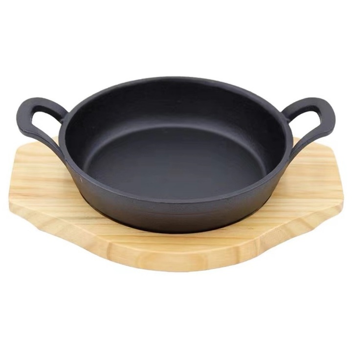 Чугунен тиган с дървена стойка, 18x4,5 см, комплект от 2, черен