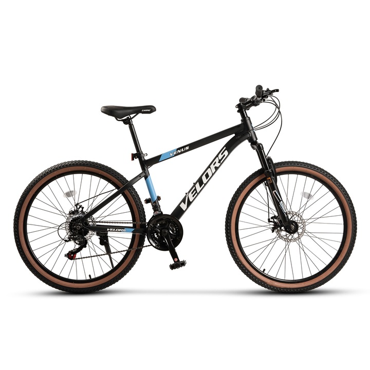 Velors Venus V26302G 26" MTB kerékpár, Shimano Tourney TZ hátsó váltó, 26 hüvelykes kerekek, szekvenciális váltókarok, 21 sebesség, első/hátsó tárcsafékek, fekete/fehér/kék