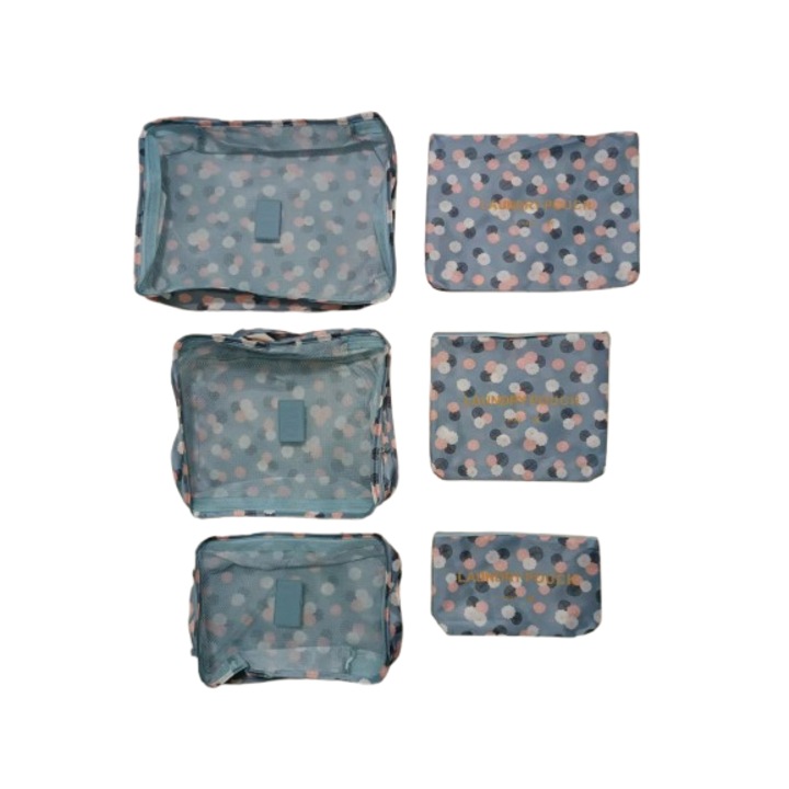 Set 6 organizatoare de bagaj, impermeabile, portabile, model flori albastre, pentru calatorii, camping, dimensiuni variate