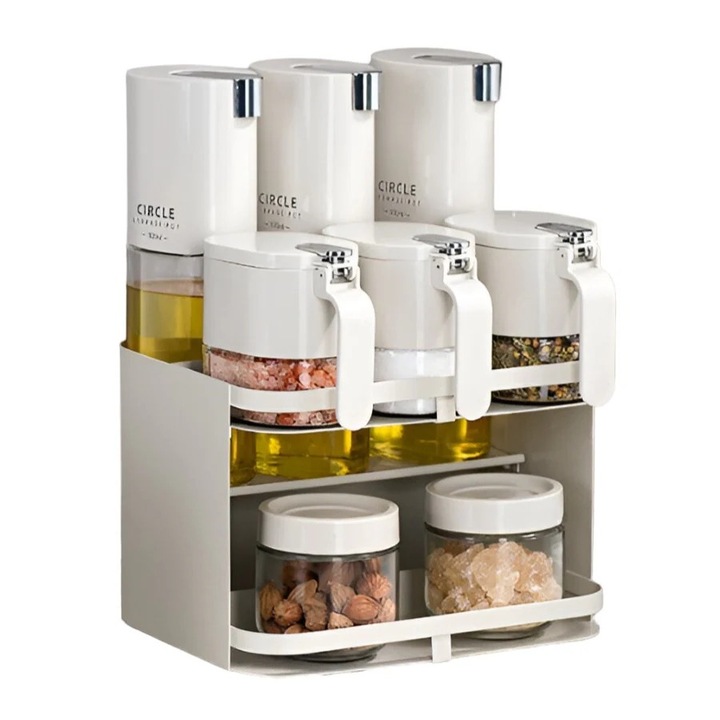 Suport pentru Depozitare Condimente, Ulei, Otet, Montare pe Perete din 9 Piese, Uz Casnic, pentru Bucatarie, 24 x 21.9 x 31.5cm, Alb