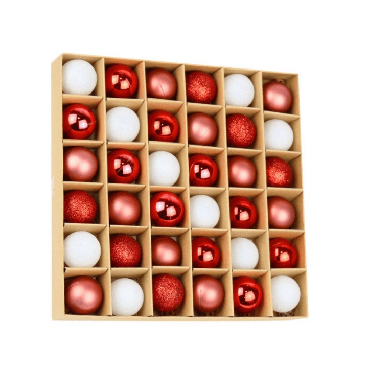 36 db-os karácsonyfa golyós készlet, 3 cm fehér/piros