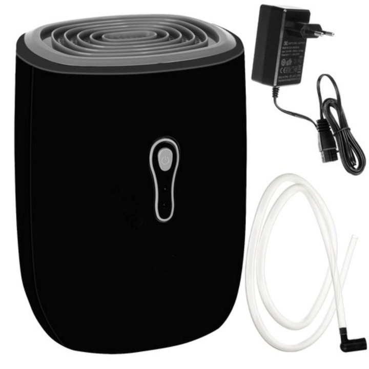 Dezumidificator VarioShop®, silentios, consum redus de energie, furtun pentru scurgerea apei, tehnologia Peltier, 300 ml /zi, capacitate rezervor 800 ml, 22.5 W, 22.5 x 16 x 14 cm, Negru