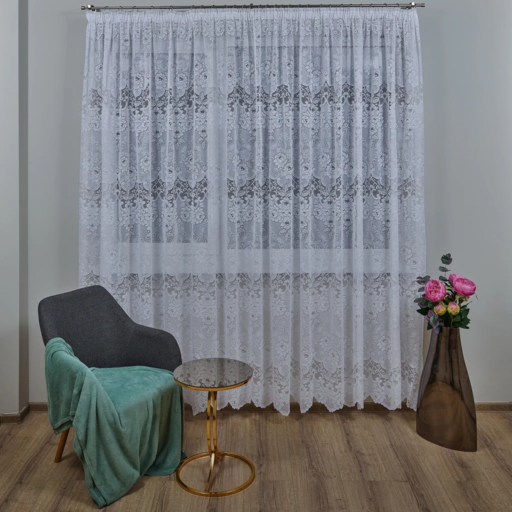 Perdea Pascani Alba cu trandafiri delicati, 250x240 cm
