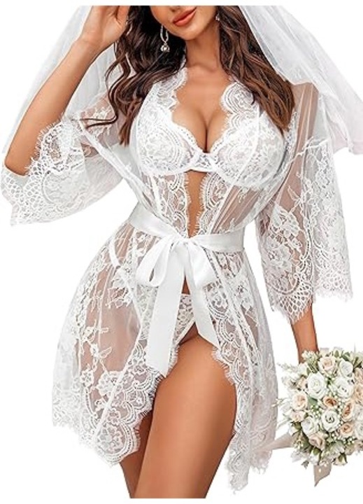 XongSyue Halat Dama Lux - Dantela Transparenta cu Cordaj Reglabil (Material Respirabil, Alb, M)