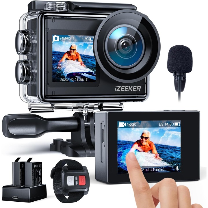 Camera de actiune iZEEKER 4K 24MP, Camera subacvatica impermeabila 40M pentru snorkeling, Camera de vlogging cu ecran dublu, EIS, unghi larg 170°, baterii 2×1350mAh