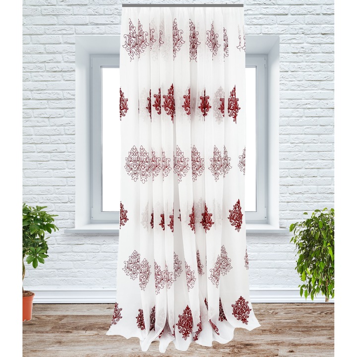 Perdea cu rejansa, 350x240 cm, brodata, model "Arabesk", alb/rosu