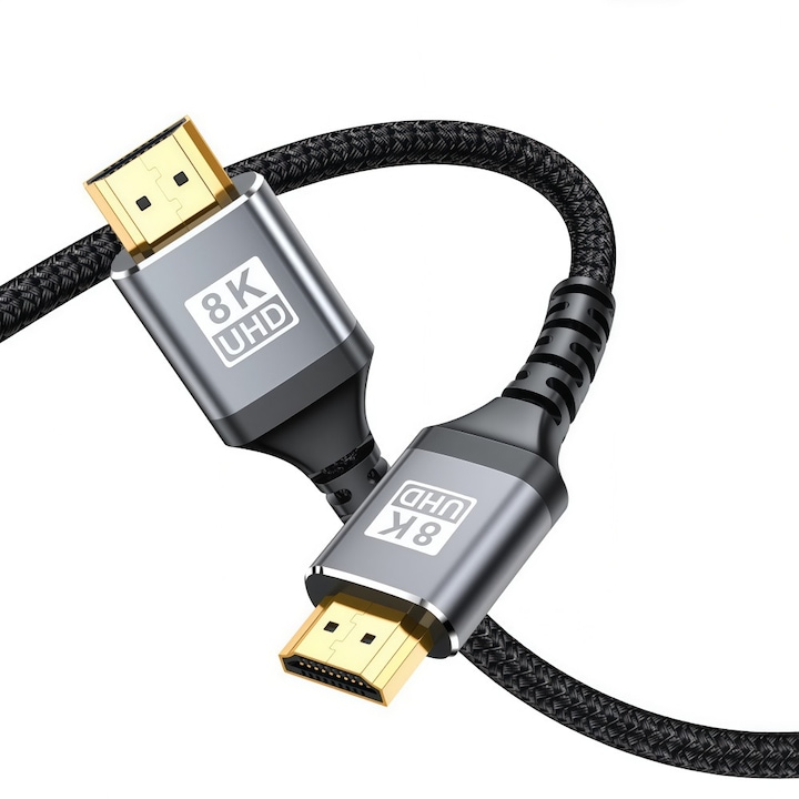 Cablu HDMI 2.1 8K, 1 metri, suporta 8K/60Hz, 4K/120Hz si Ultra HD, cu o rata de transmisie de 48Gbps, compatibil universal, argintiu