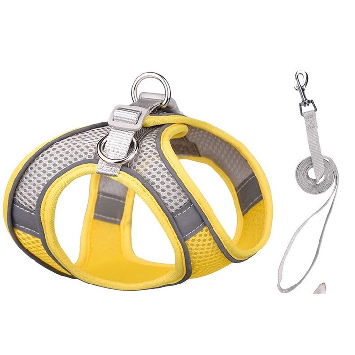 Ham pentru caini mici, set cu lesa, mesh respirabil, ajustabil, reflectorizant, galben-gri, XXS