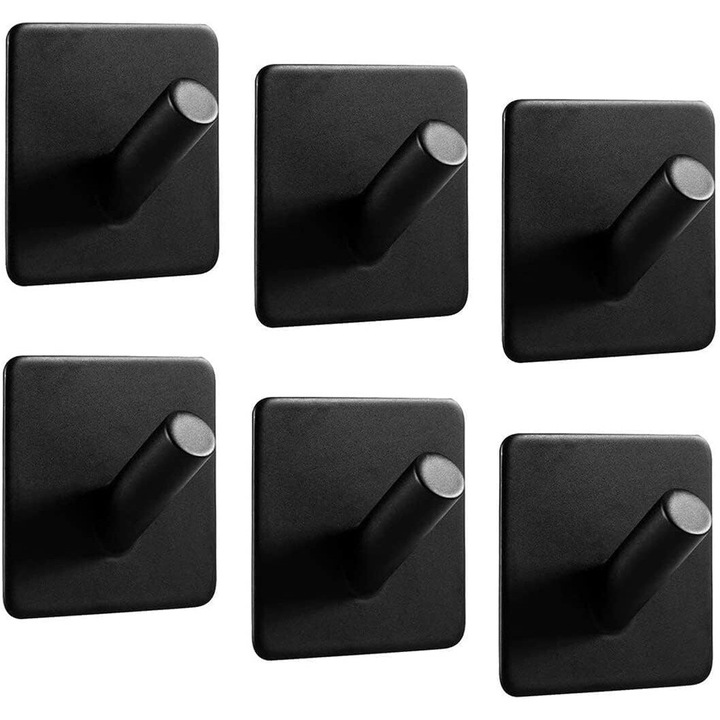 Set 6 agatatori pentru baie, inox, adezive, negru