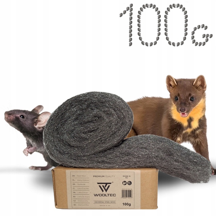 Lana de otel impotriva rozatoarelor, WOOLTEC Steel Wool, control al daunatorilor, rola de 100 g, pentru casa, depozit sau garaj, sigur pentru om si animale de companie, gri, grad finete 0 + 00