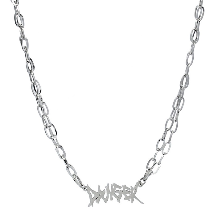 Dupla titán acél nyaklánc, betűkkel, sötét punk design, ezüst, 45cm